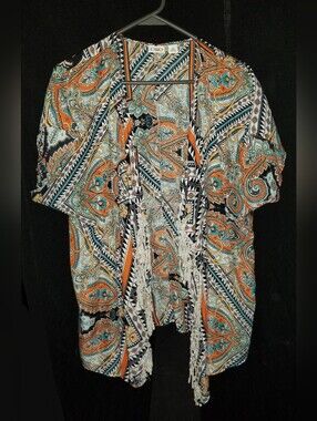 Women's Cato Paisley Kimono Cardigan Open-Front W/ Fringed Hem Medium 